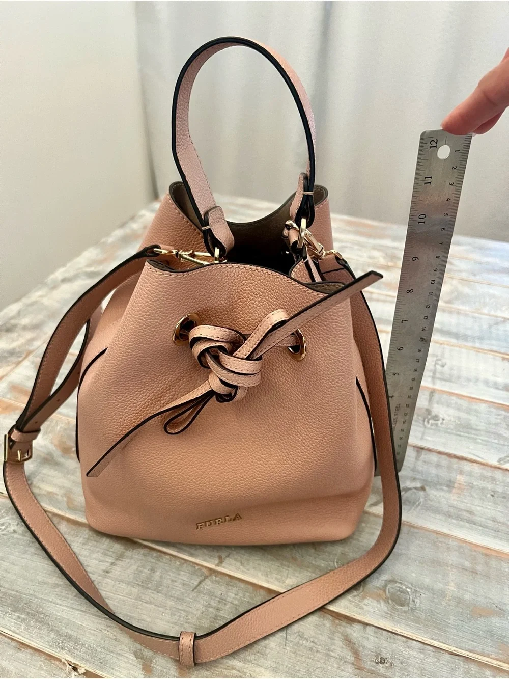Furla Genuine Leather Drawstring Bucket Bag – Blush Pink Crossbody & Top Handle